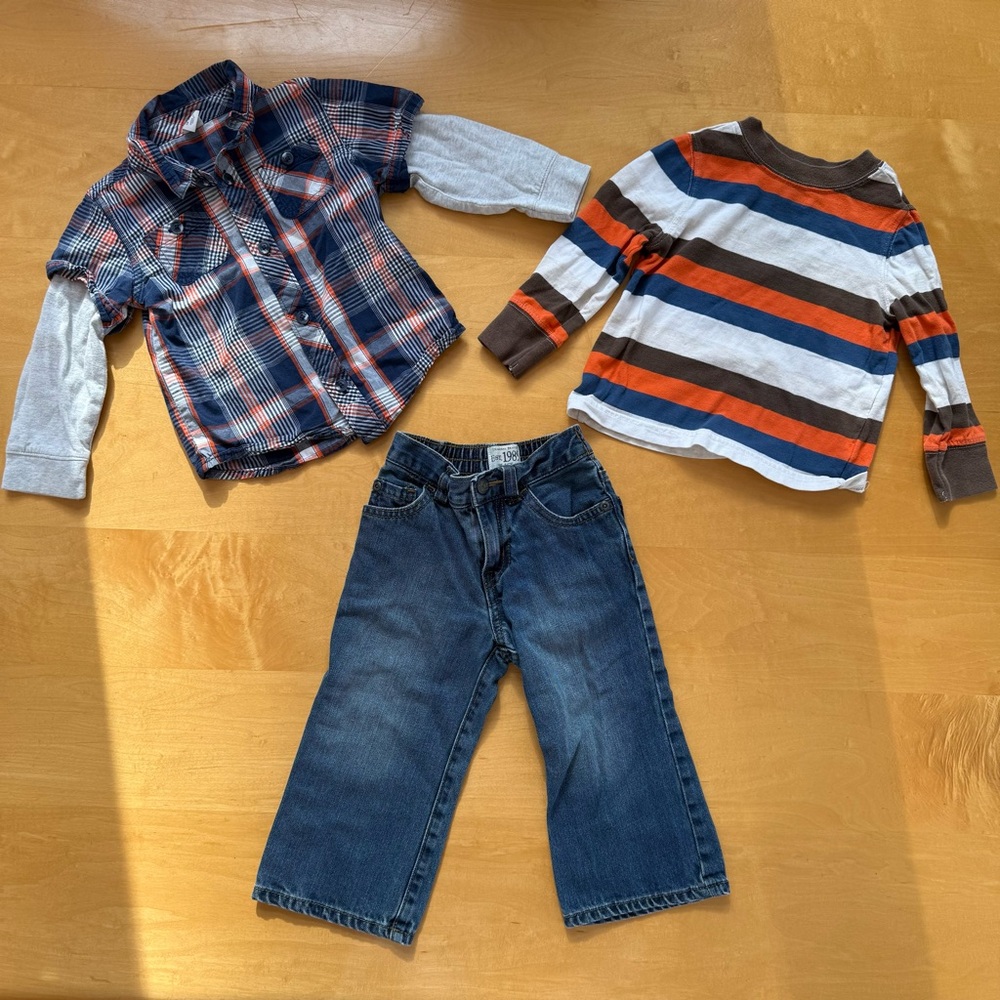 Kids Plaid and Striped Long Sleeve Shirts and Jeans Set